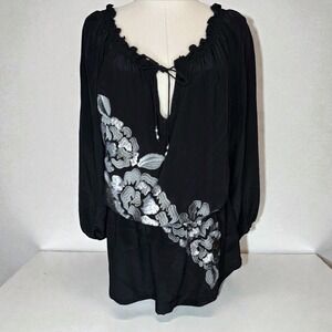 Cache Vintage Silk Floral Embroidered Peasant Tunic Blouse Top Black size Medium